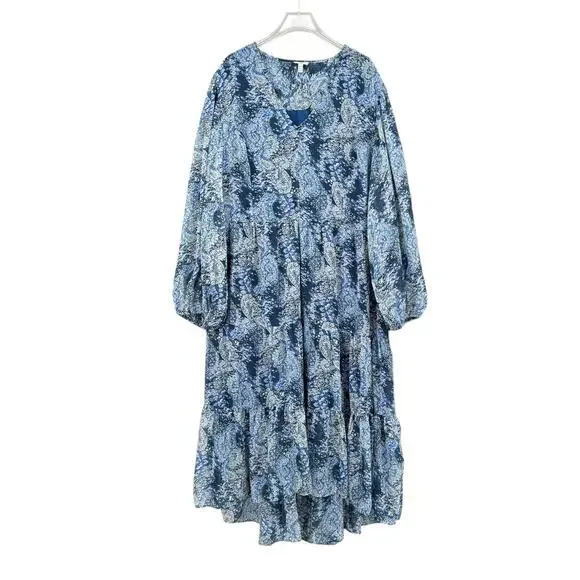 Joie NWT XXL Blue Parisian Paisley Sheer Long Balloon Sleeve Tiered Midi Dress - Picture 3 of 15